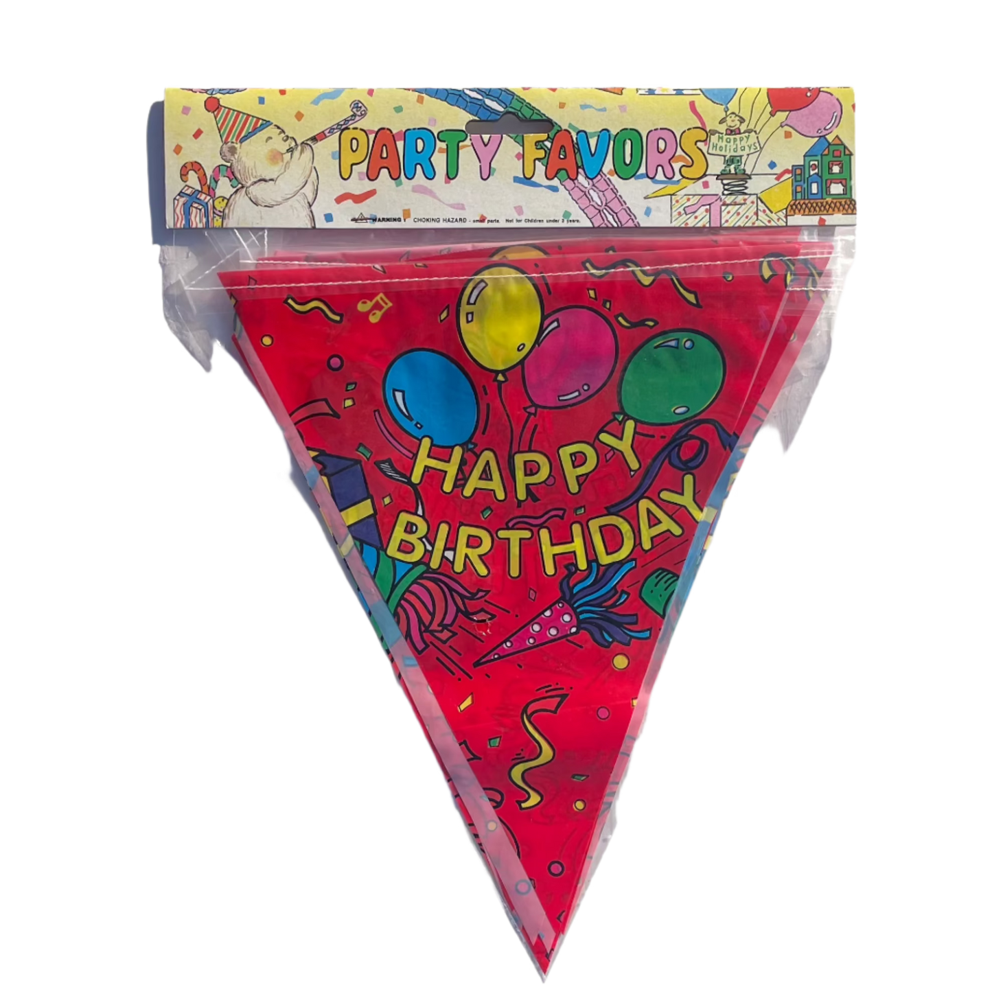 A packaged Kitsch Happy Birthday banner with colorful balloon illustrations and the phrase 'Happy Birthday' printed in yellow.