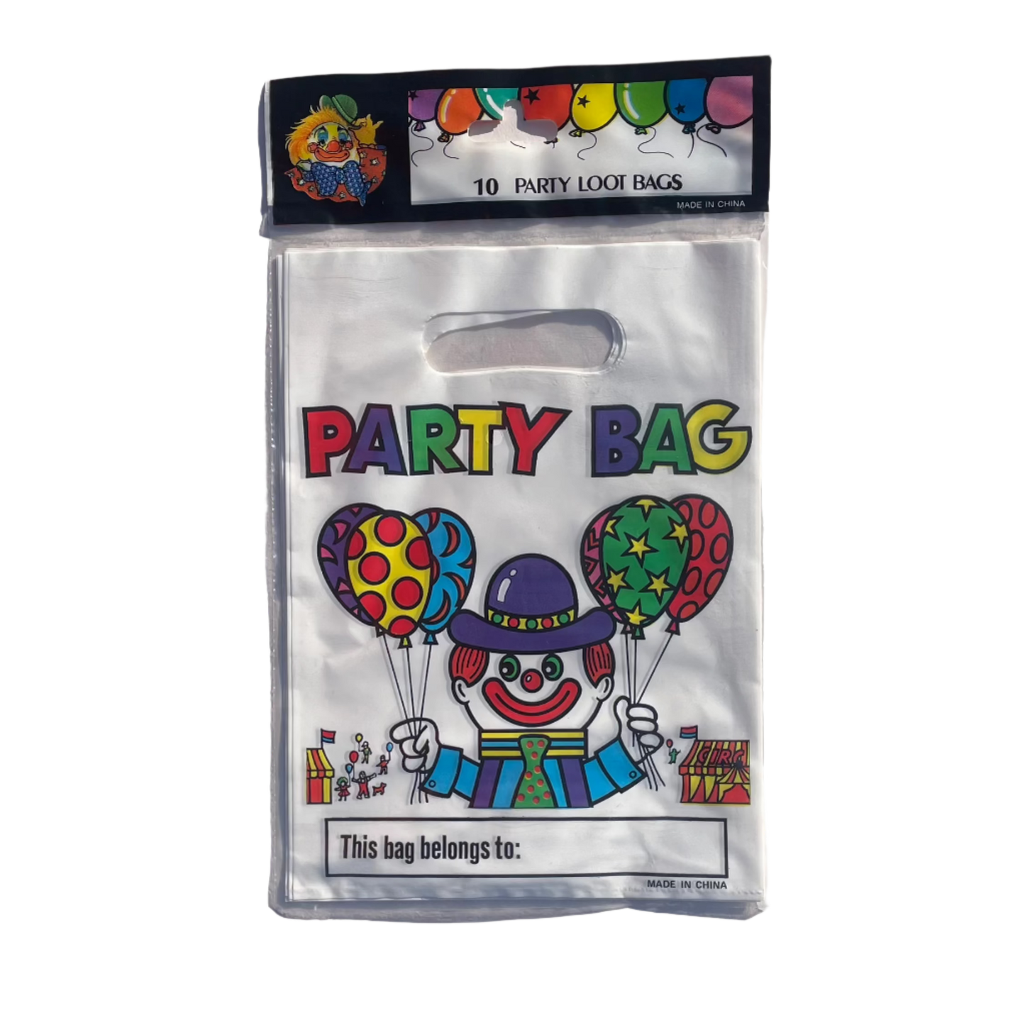 A pack of 10 retro clown party bags with a colourful clown design and balloons, labeled 'PARTY BAG' and a space for a name personalisation.