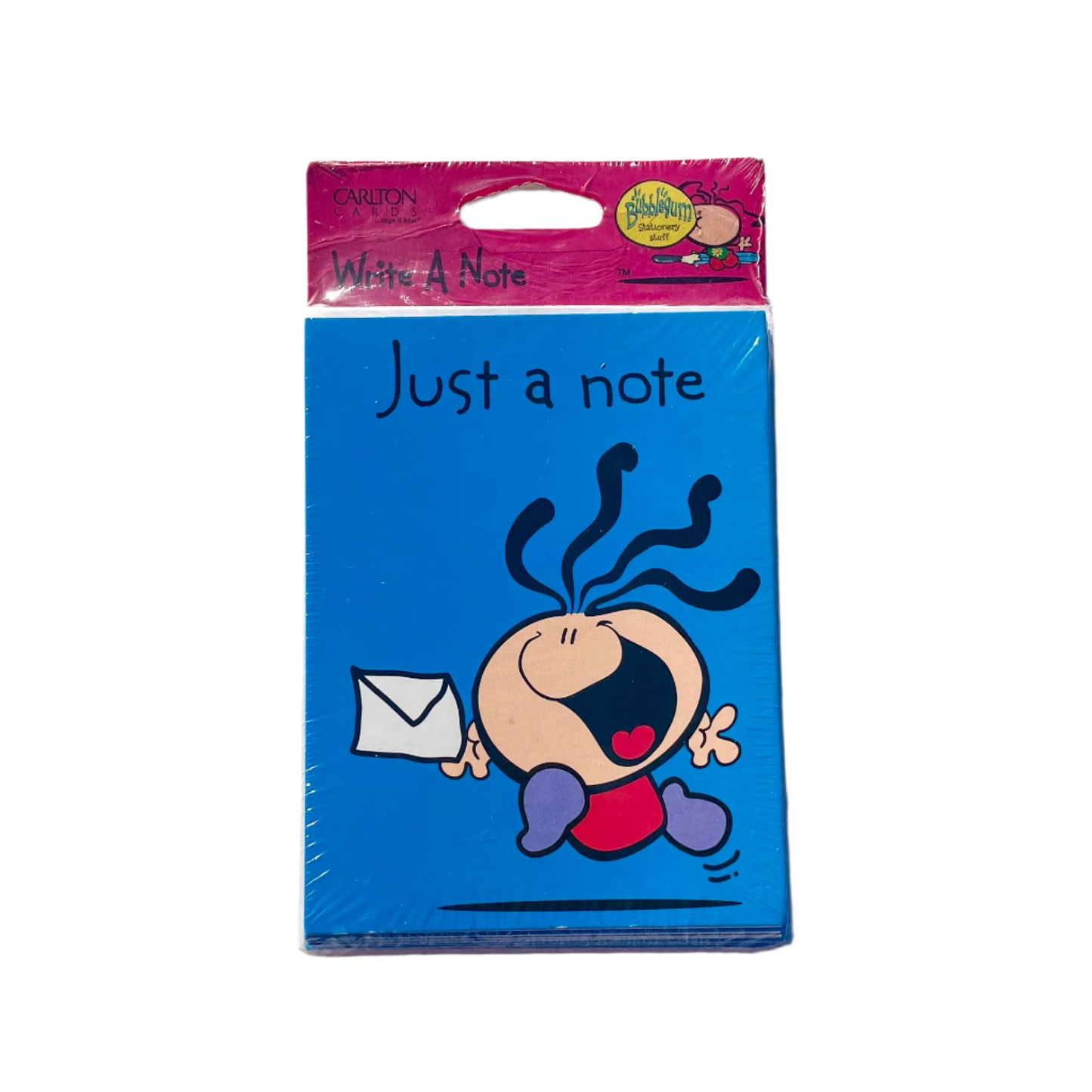 A pack of 'Just a note' notecards with a Bubblegum cartoon character illustration, predominantly blue in color, sealed in plastic packaging.
