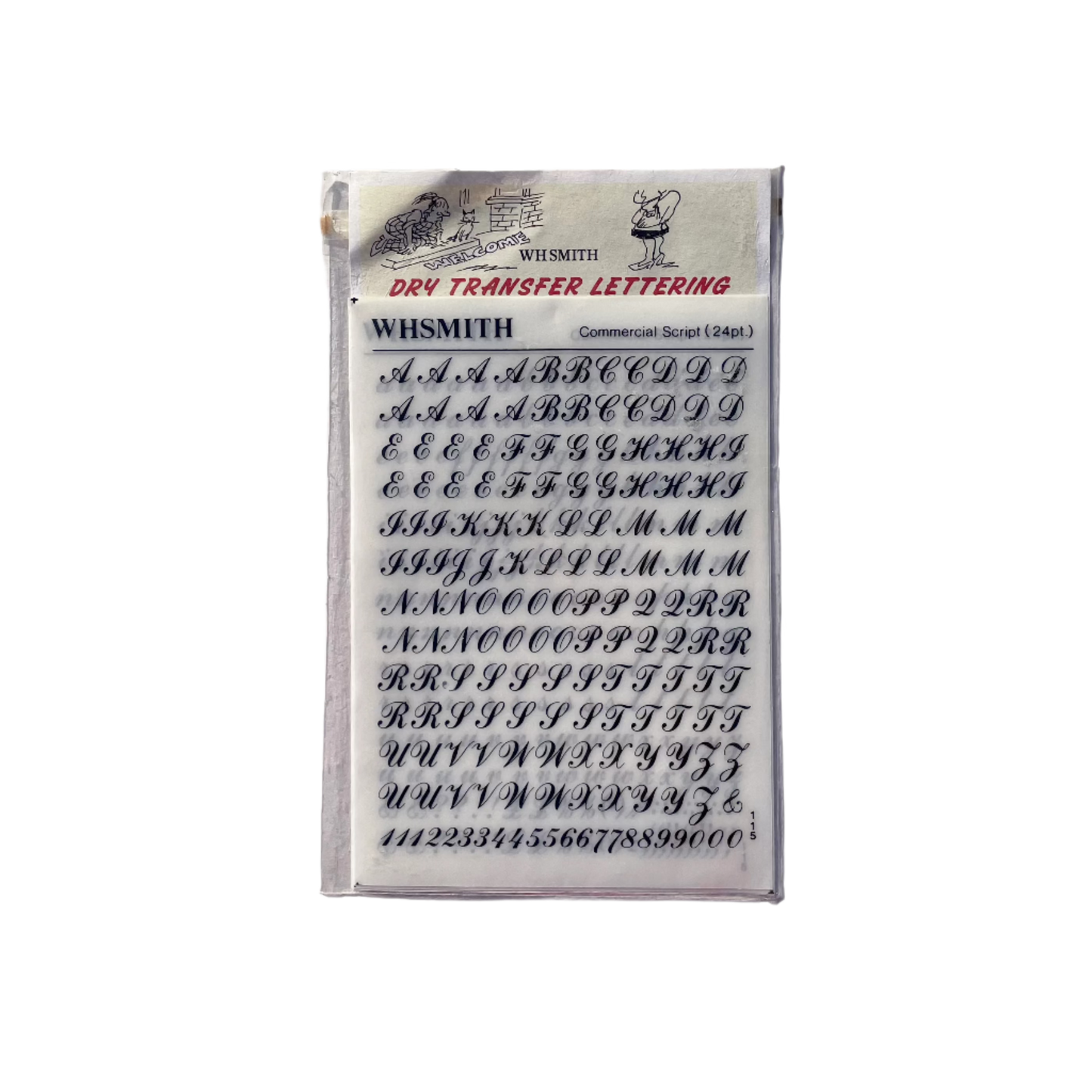 Packaging of Vintage Whsmith Dry Lettraset Transfers with cursive letters .