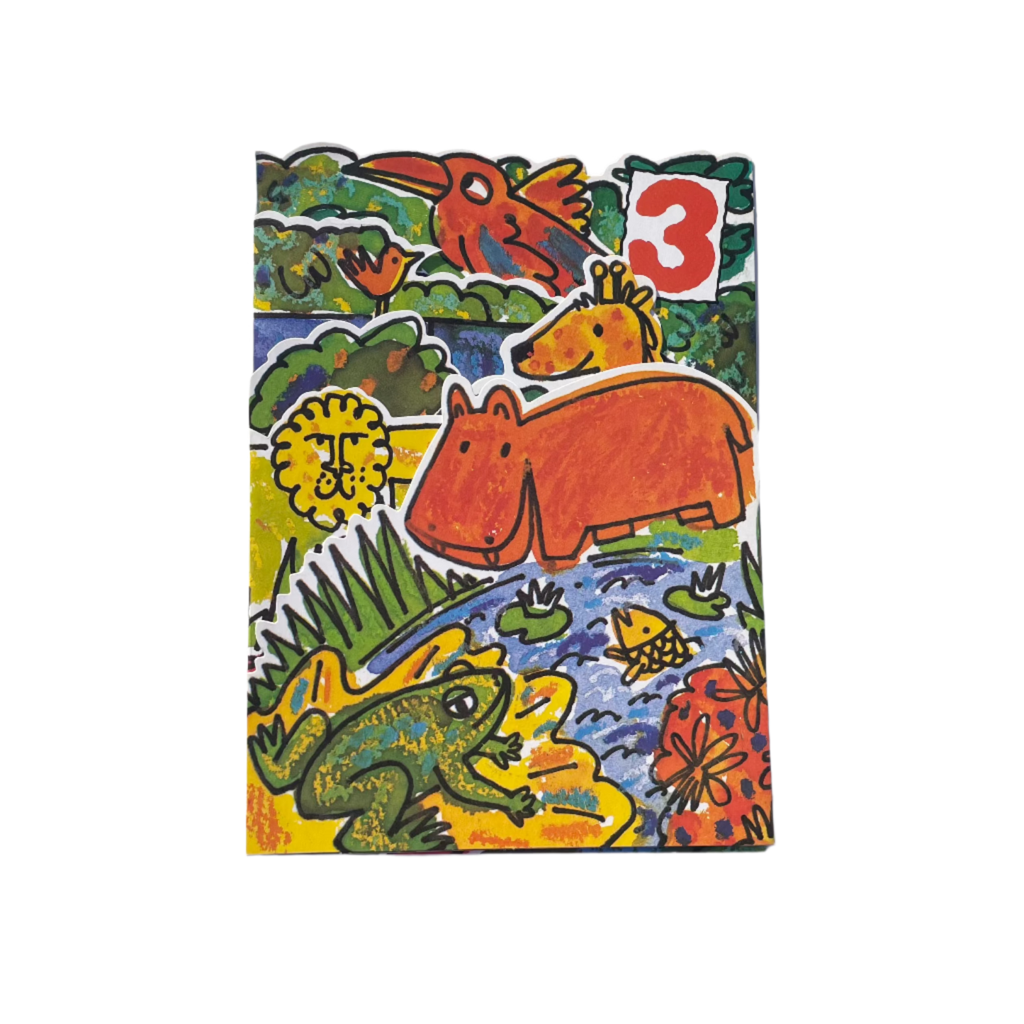 A colorful birthday card featuring cartoon animals and the number 3.
