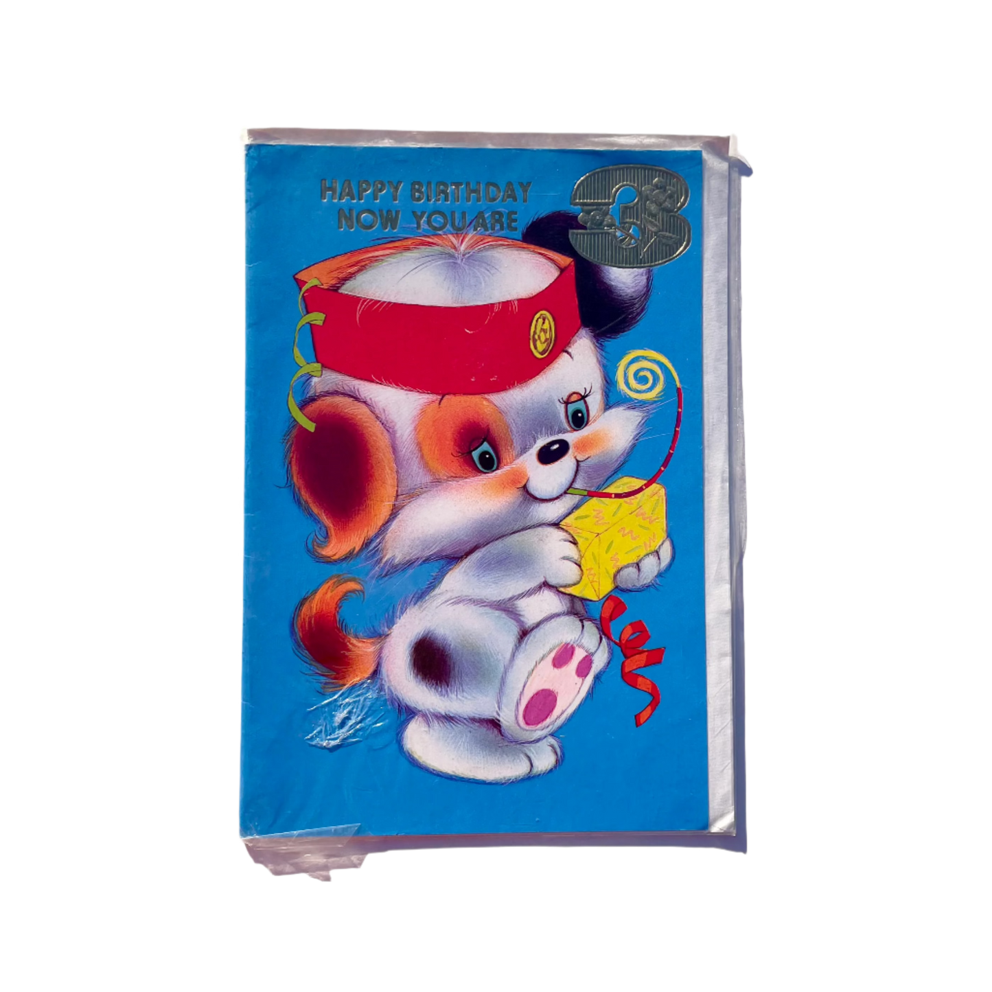A colorful vintage birthday card featuring a cartoon puppy with the text 'Happy Birthday Now You Are 3'.