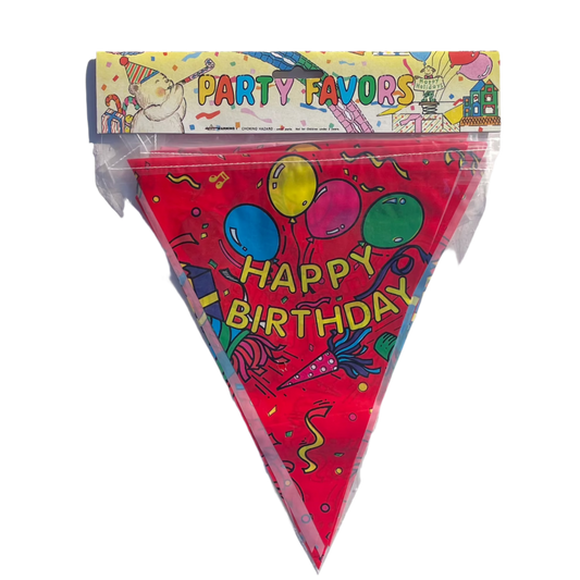 A packaged Kitsch Happy Birthday banner with colorful balloon illustrations and the phrase 'Happy Birthday' printed in yellow.
