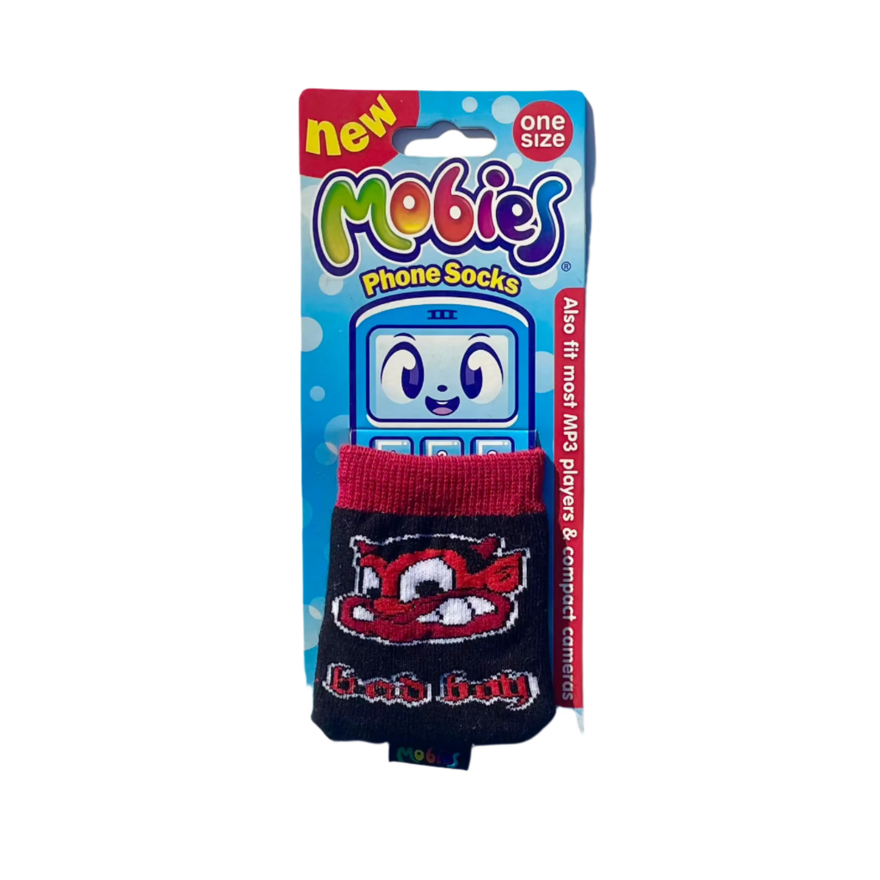 A 'Bad Boy' Noughties Emo Phone Sock packaging, featuring a cartoon mobile character design with predominantly red and black colors. 