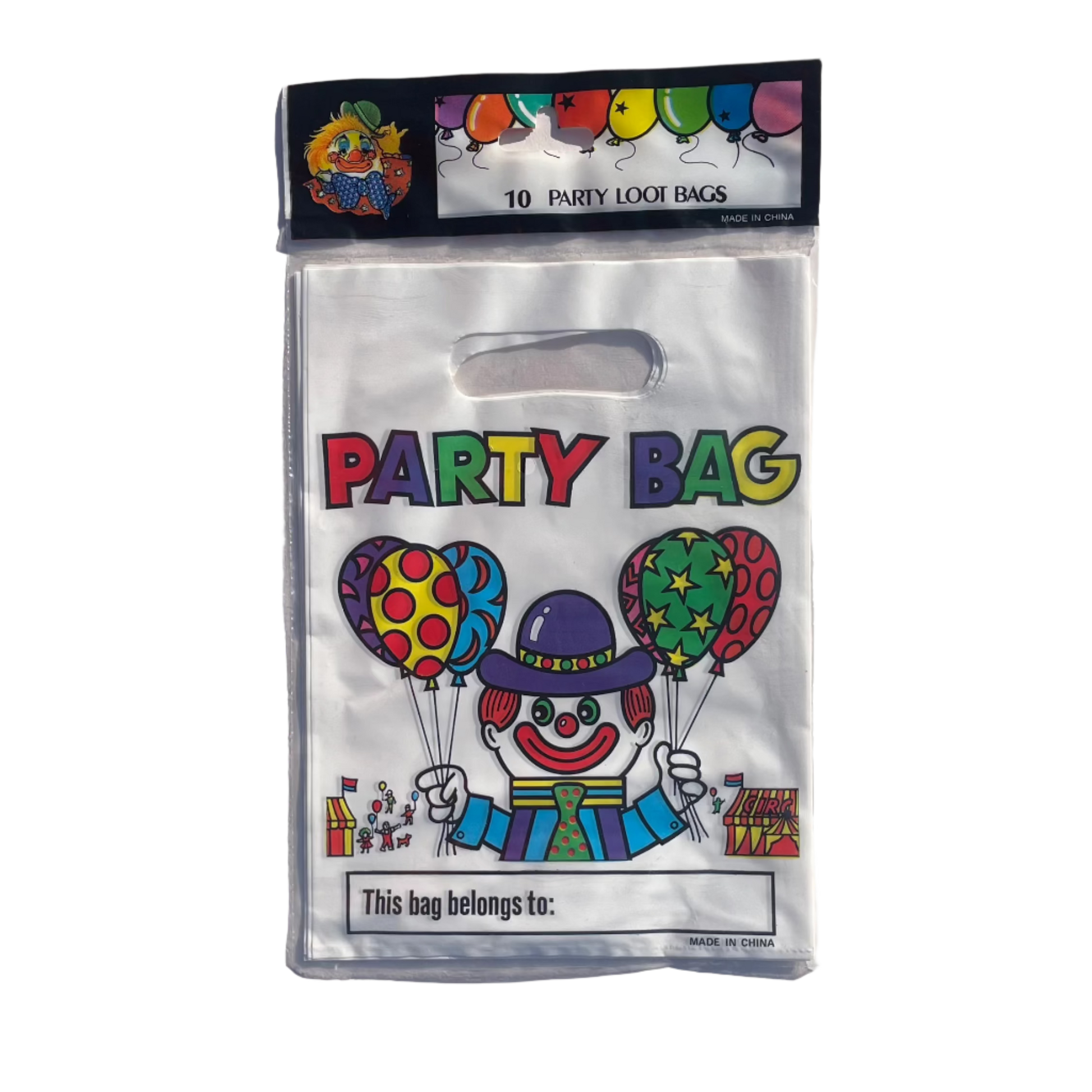 A pack of 10 retro clown party bags with a colourful clown design and balloons, labeled 'PARTY BAG' and a space for a name personalisation.
