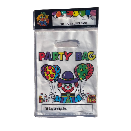 A pack of 10 retro clown party bags with a colourful clown design and balloons, labeled 'PARTY BAG' and a space for a name personalisation.