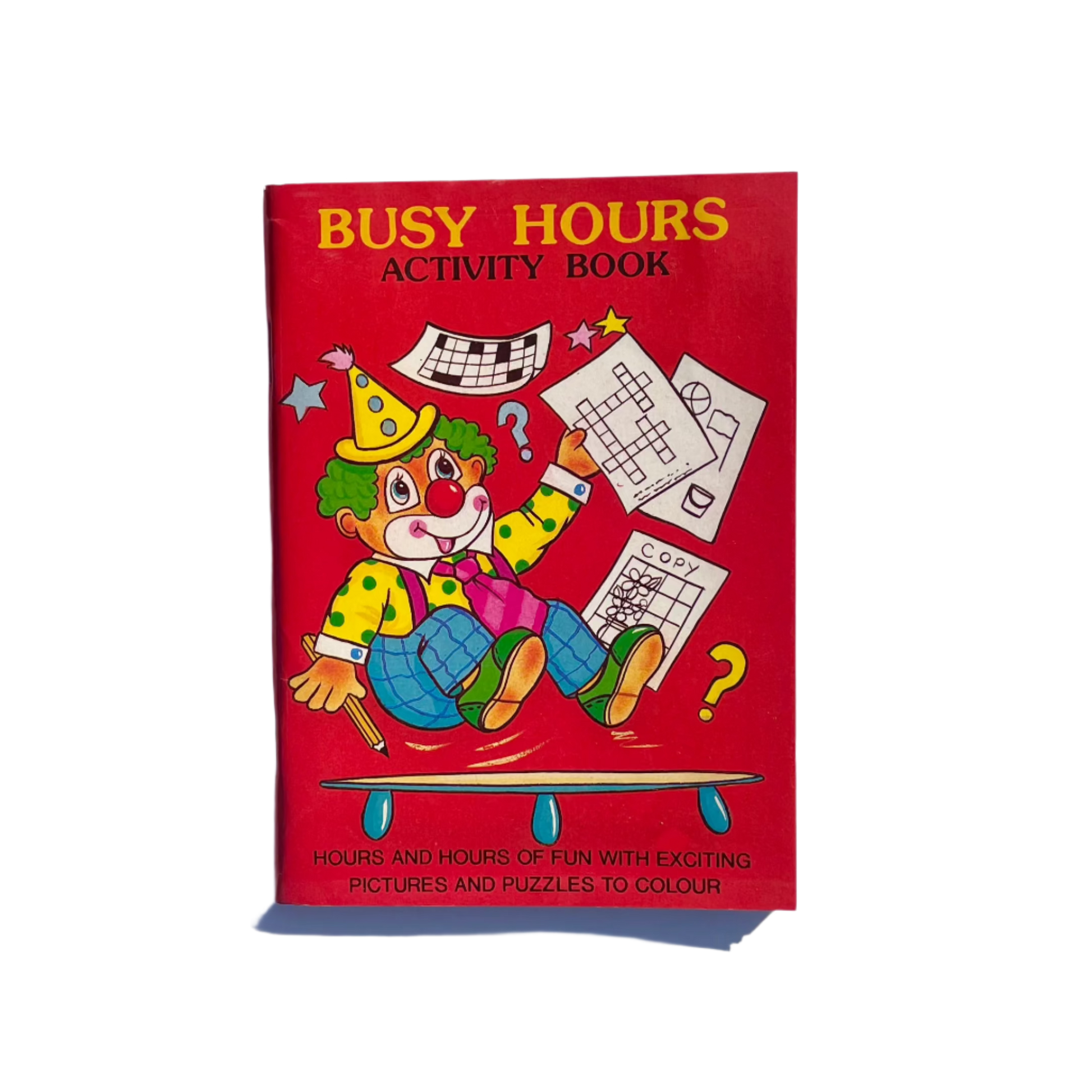 A coloring activity book for kids with a clown on the cover, titled 'BUSY HOURS ACTIVITY BOOK'.  