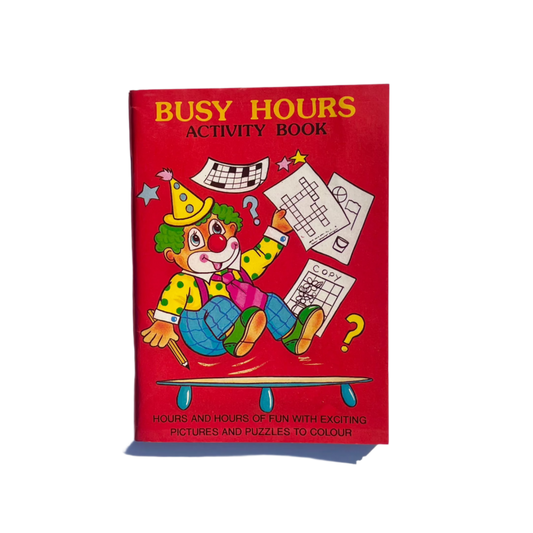 A coloring activity book for kids with a clown on the cover, titled 'BUSY HOURS ACTIVITY BOOK'.  