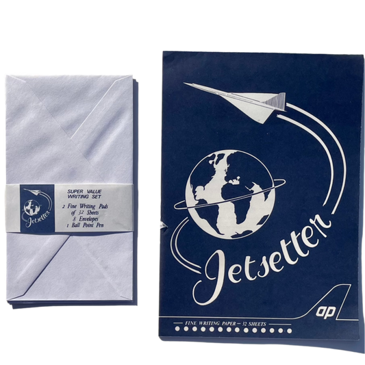 Blue and white letter/envelope set with 'Jetsetter' design.