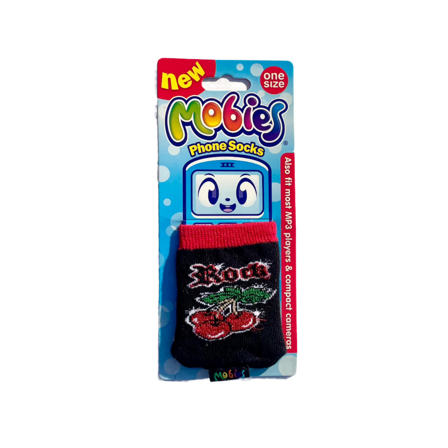 A 'Rock' Emo Cherry Noughties Phone Sock packaging displaying the product with a cartoon mobile and text against a blue background.
