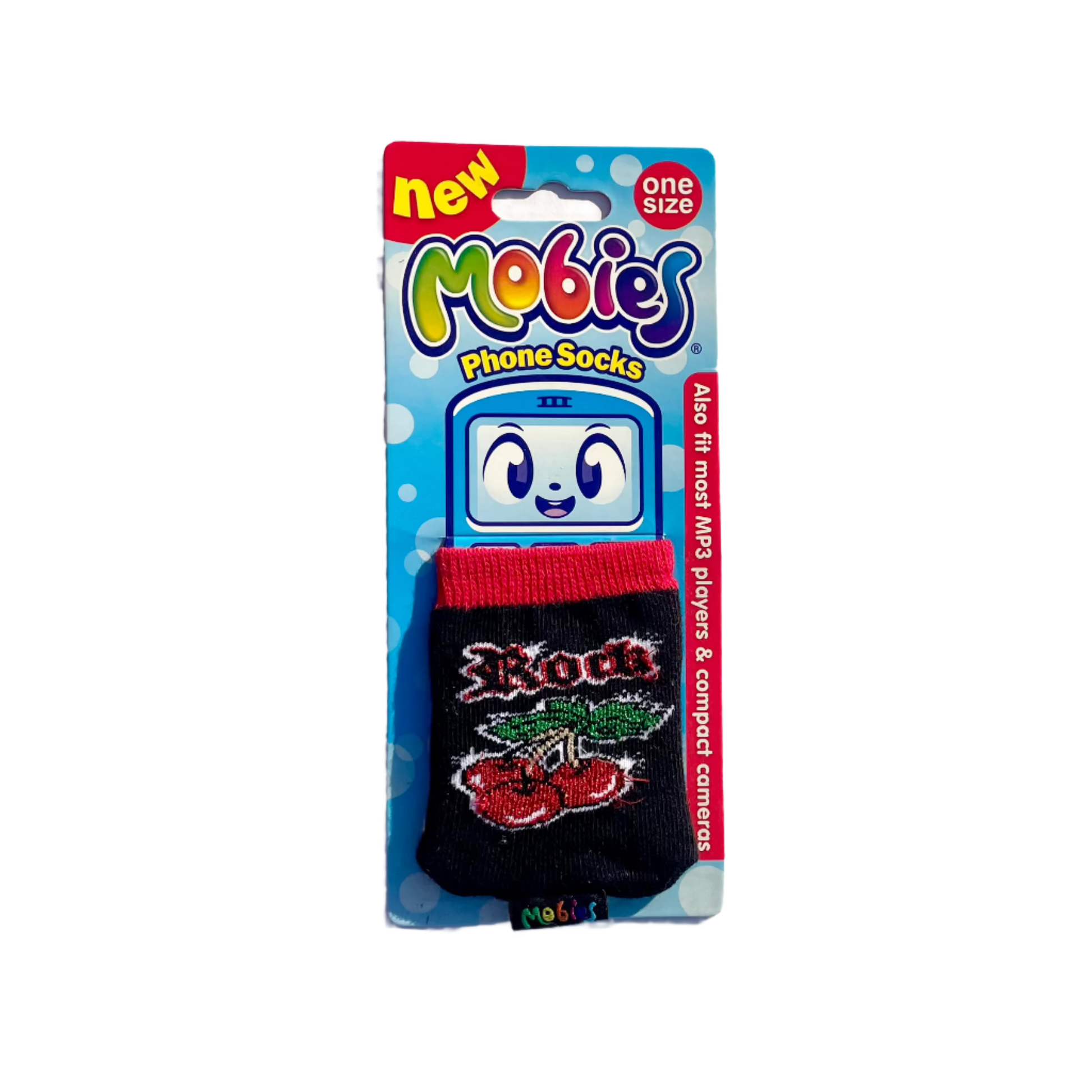 A 'Rock' Emo Cherry Noughties Phone Sock packaging displaying the product with a cartoon mobile and text against a blue background.