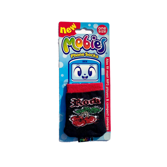 A 'Rock' Emo Cherry Noughties Phone Sock packaging displaying the product with a cartoon mobile and text against a blue background.