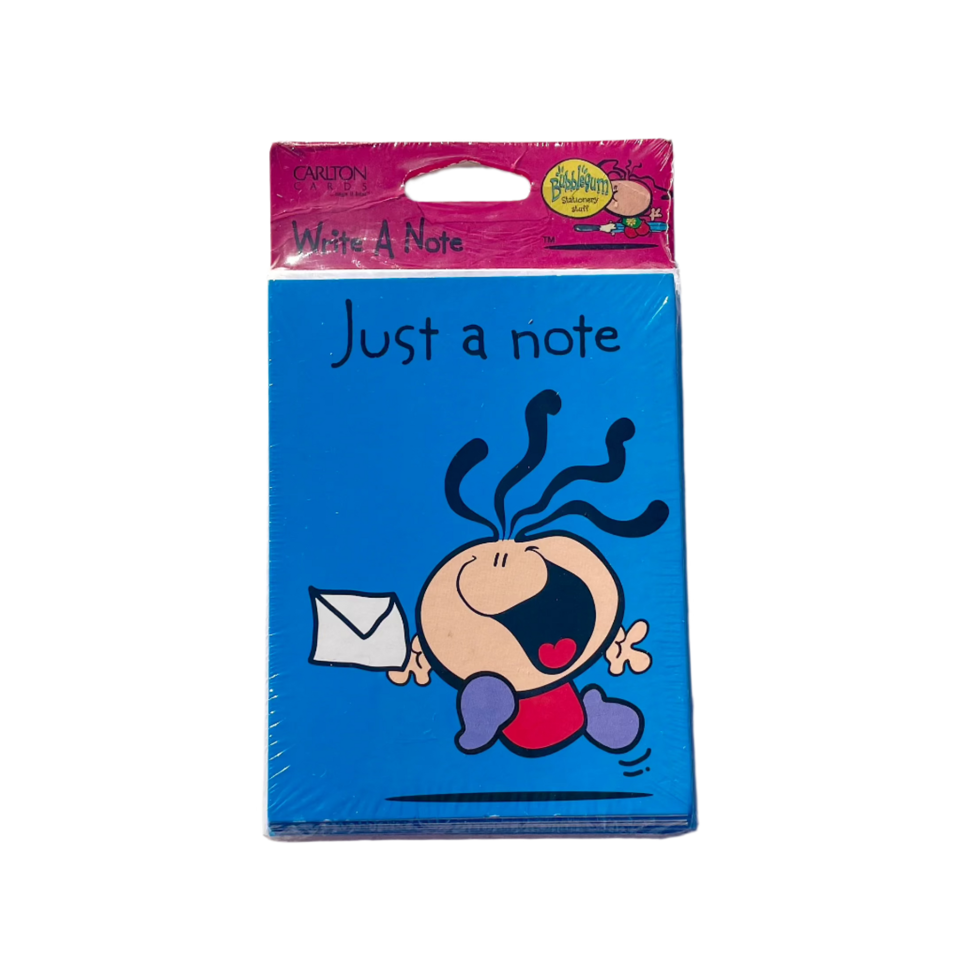 A pack of 'Just a note' notecards with a Bubblegum cartoon character illustration, predominantly blue in color, sealed in plastic packaging.