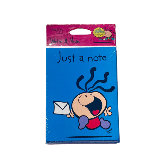 A pack of 'Just a note' notecards with a Bubblegum cartoon character illustration, predominantly blue in color, sealed in plastic packaging.