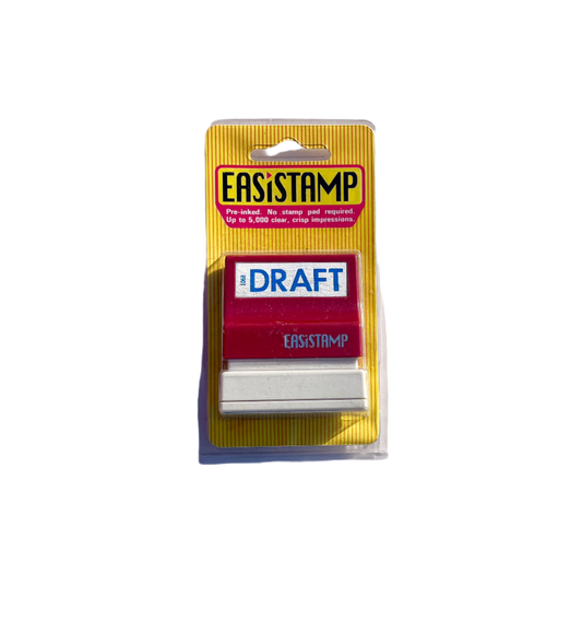 Vintage Office 'Draft' Stamp in original packaging with 'EASISTAMP' branding visible. 
