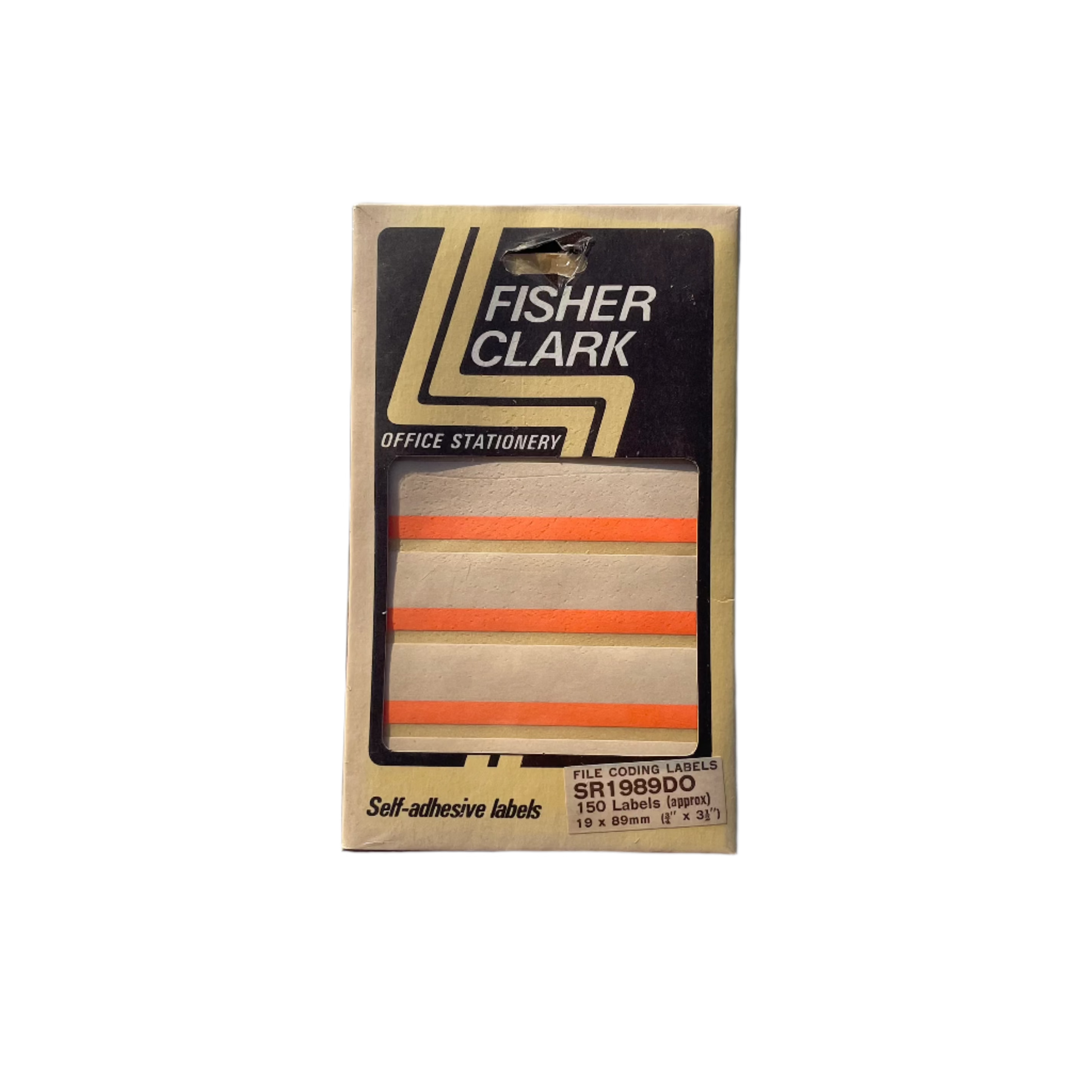 A box of vintage beige and orange label stickers with the brand name Fisher Clark on the packaging. The stickers are visible through a clear plastic window on the box.