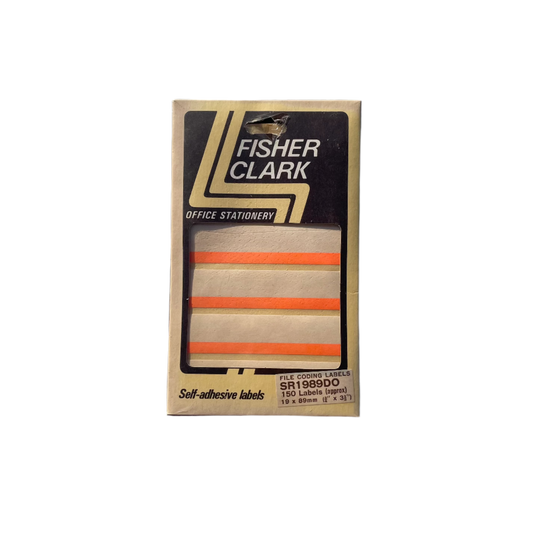 A box of vintage beige and orange label stickers with the brand name Fisher Clark on the packaging. The stickers are visible through a clear plastic window on the box.