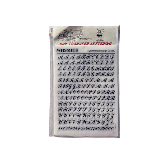 Packaging of Vintage Whsmith Dry Lettraset Transfers with cursive letters .