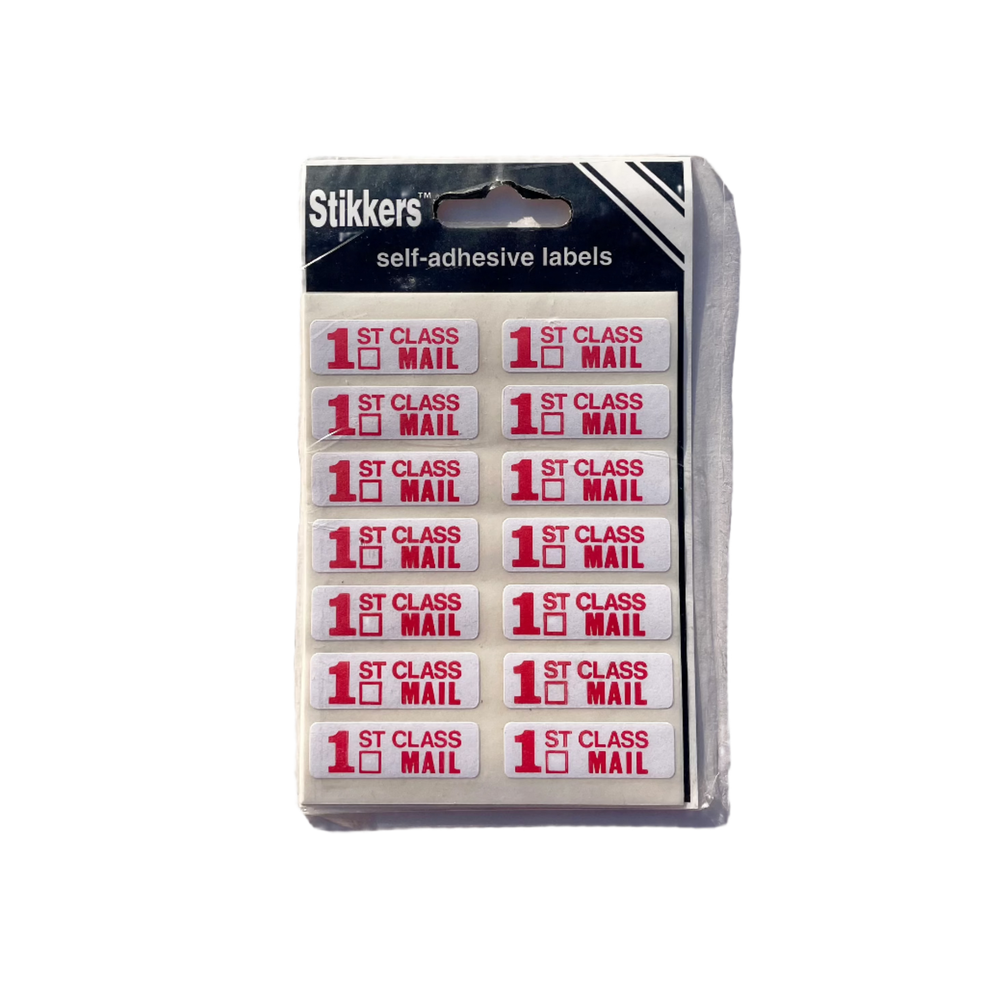 Pack of 1st Class Mail stickers with self-adhesive labels,  white with red text. 