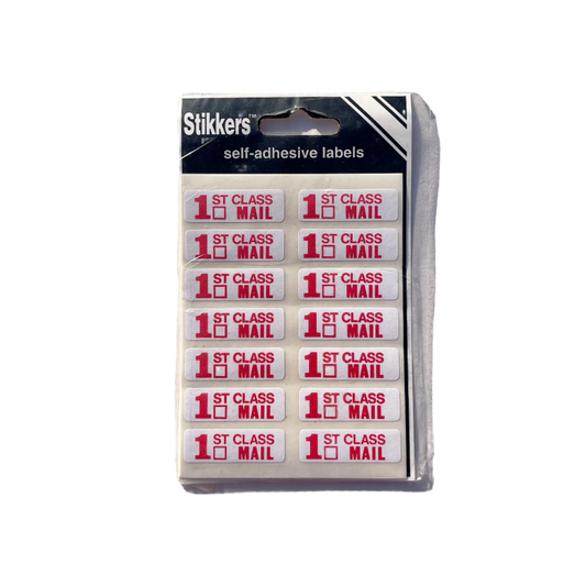 Pack of 1st Class Mail stickers with self-adhesive labels,  white with red text. 