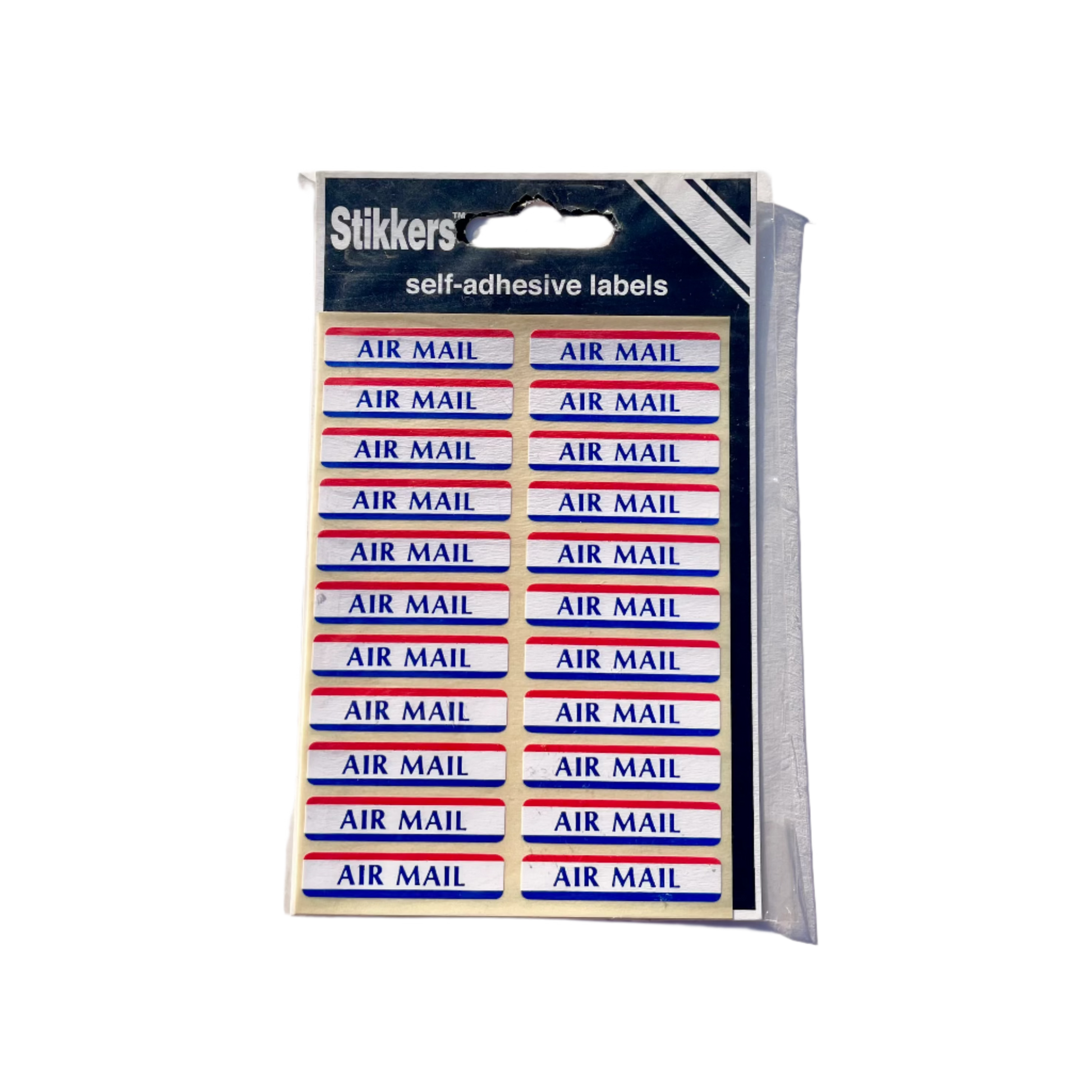 A pack of Air Mail stickers with red, white, and blue stripes, labeled 'AIR MAIL' on each stripe, packaged in a clear plastic sleeve. 