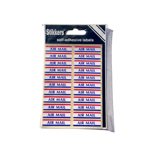 A pack of Air Mail stickers with red, white, and blue stripes, labeled 'AIR MAIL' on each stripe, packaged in a clear plastic sleeve. 