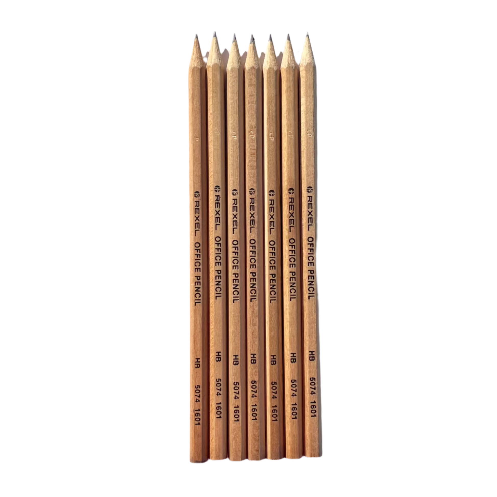 A set of seven vintage HB Rexel office pencils , with the brand name 'Rexel' printed on the side of each pencil.