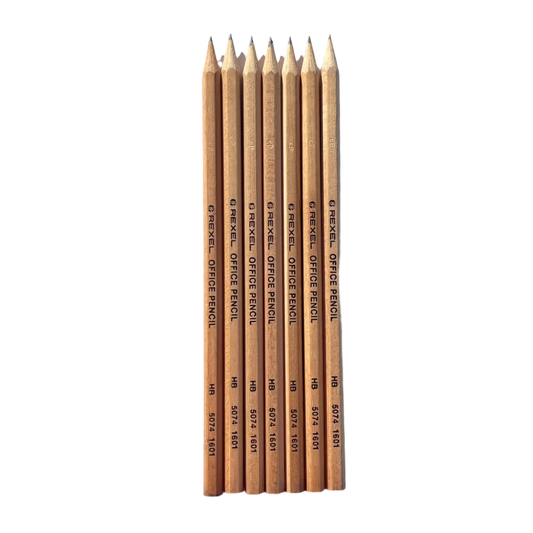 A set of seven vintage HB Rexel office pencils , with the brand name 'Rexel' printed on the side of each pencil.