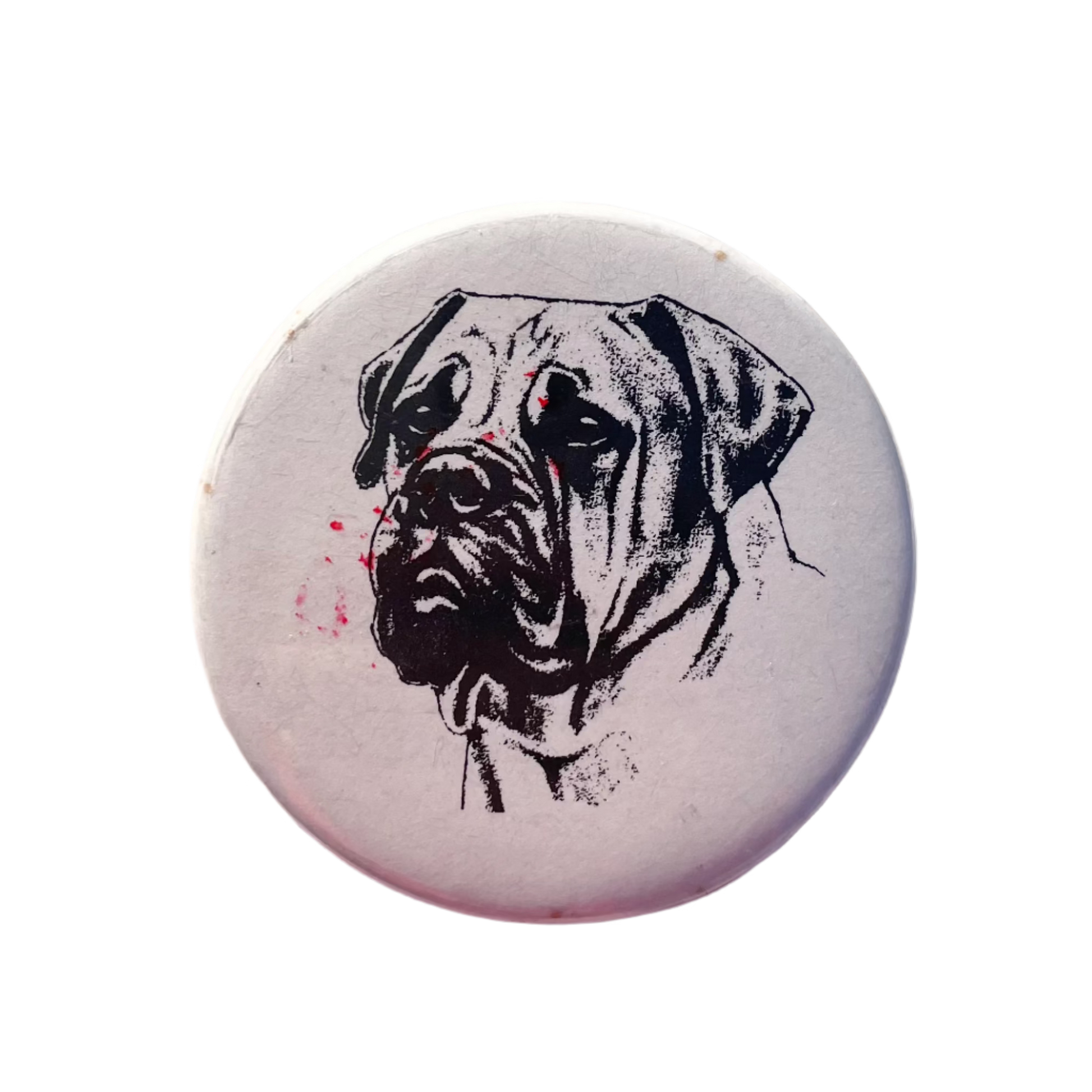 A badge with a black and white illustration of a Boxer dog's face on it, against a white background.