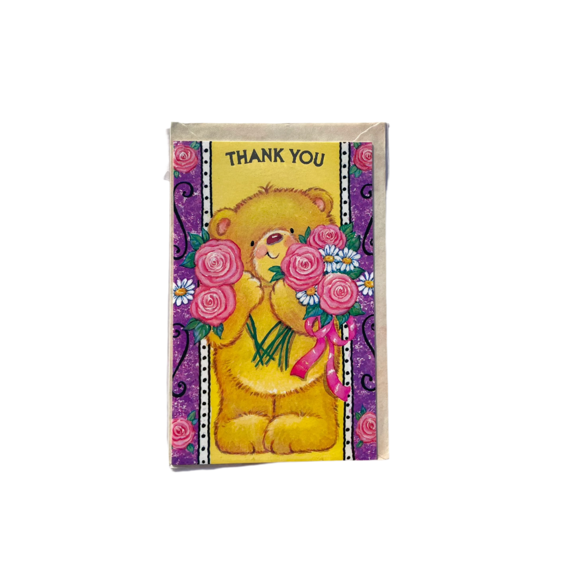 A 'THANK YOU' greeting card featuring an illustration of a teddy bear holding a bouquet of pink roses, surrounded by a colorful floral pattern.