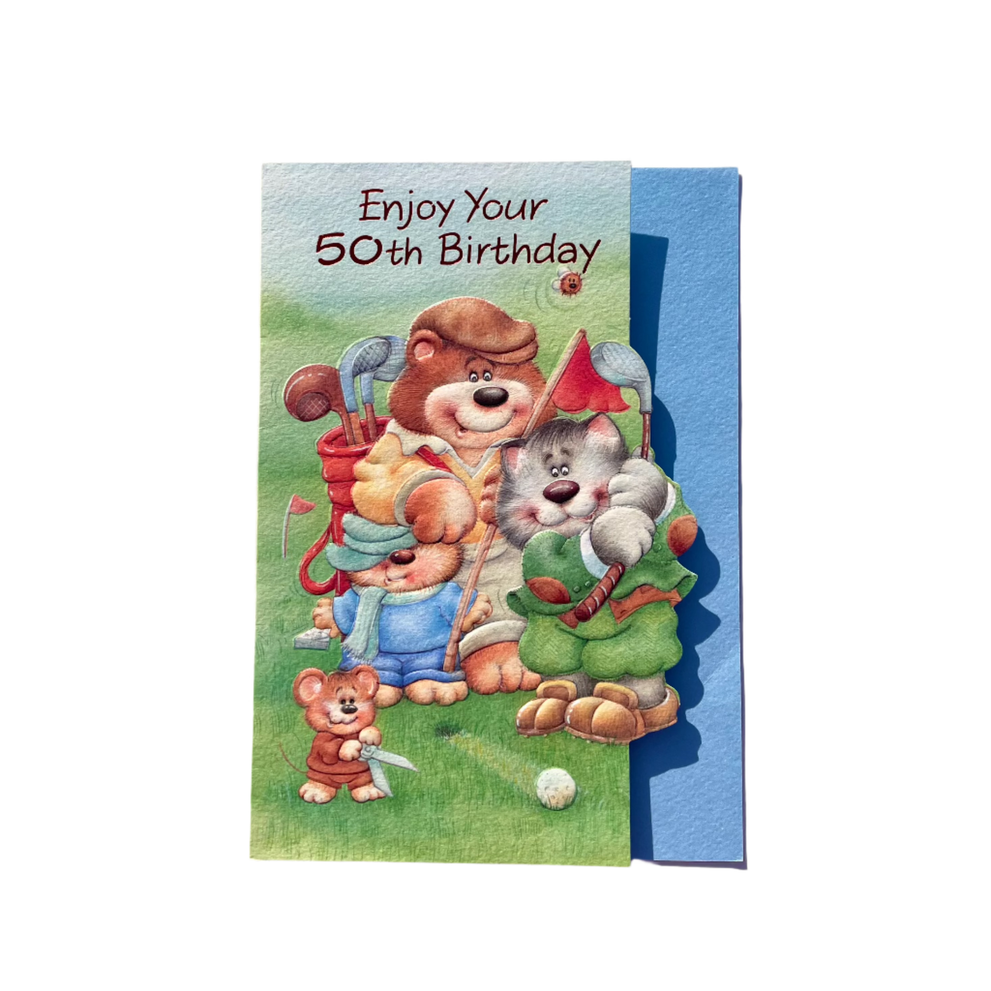 A colorful birthday card featuring cartoon animals playing golf with the text 'Enjoy Your 50th Birthday'. 