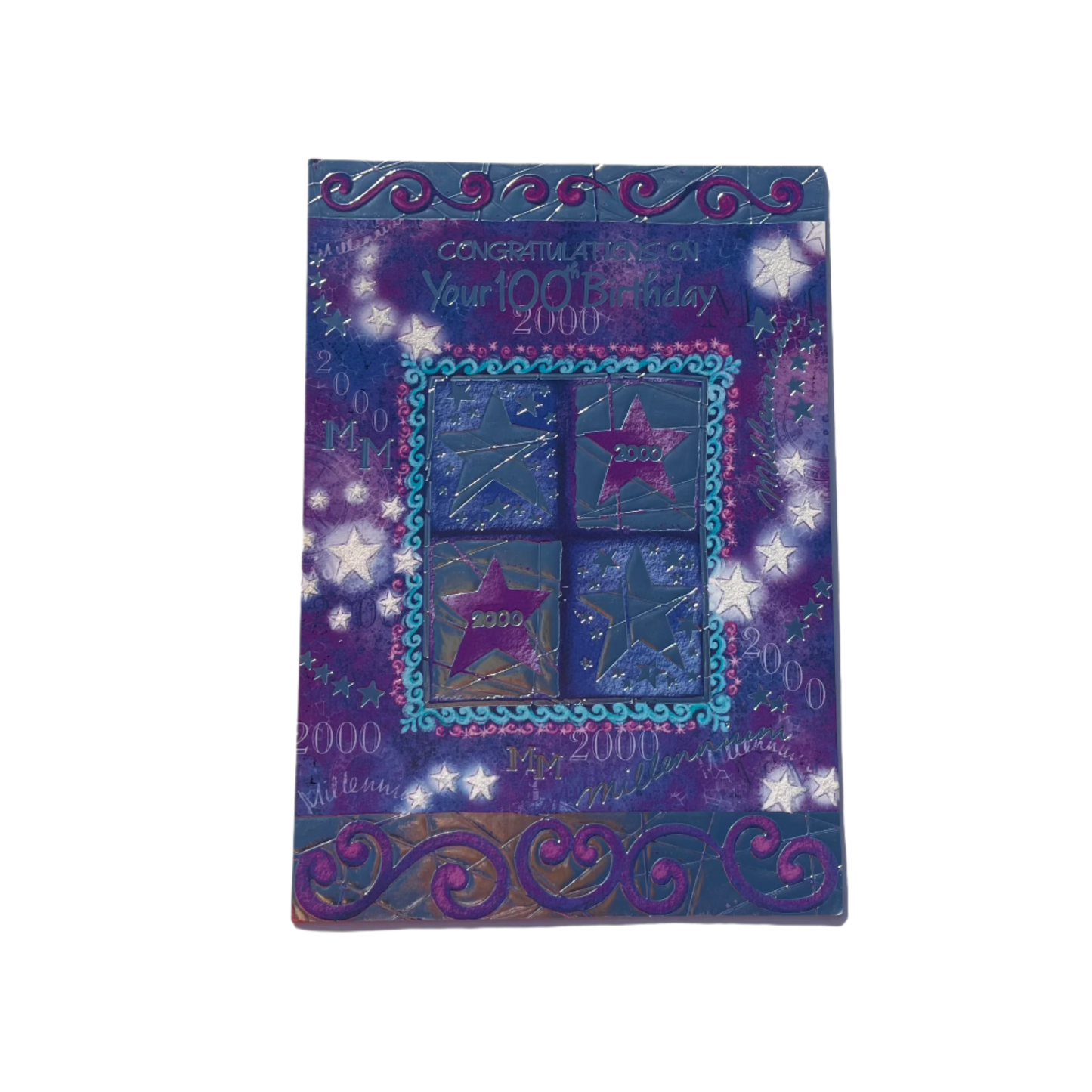 Purple and silver 'CONGRATULATIONS on Your 100th Birthday' card.
