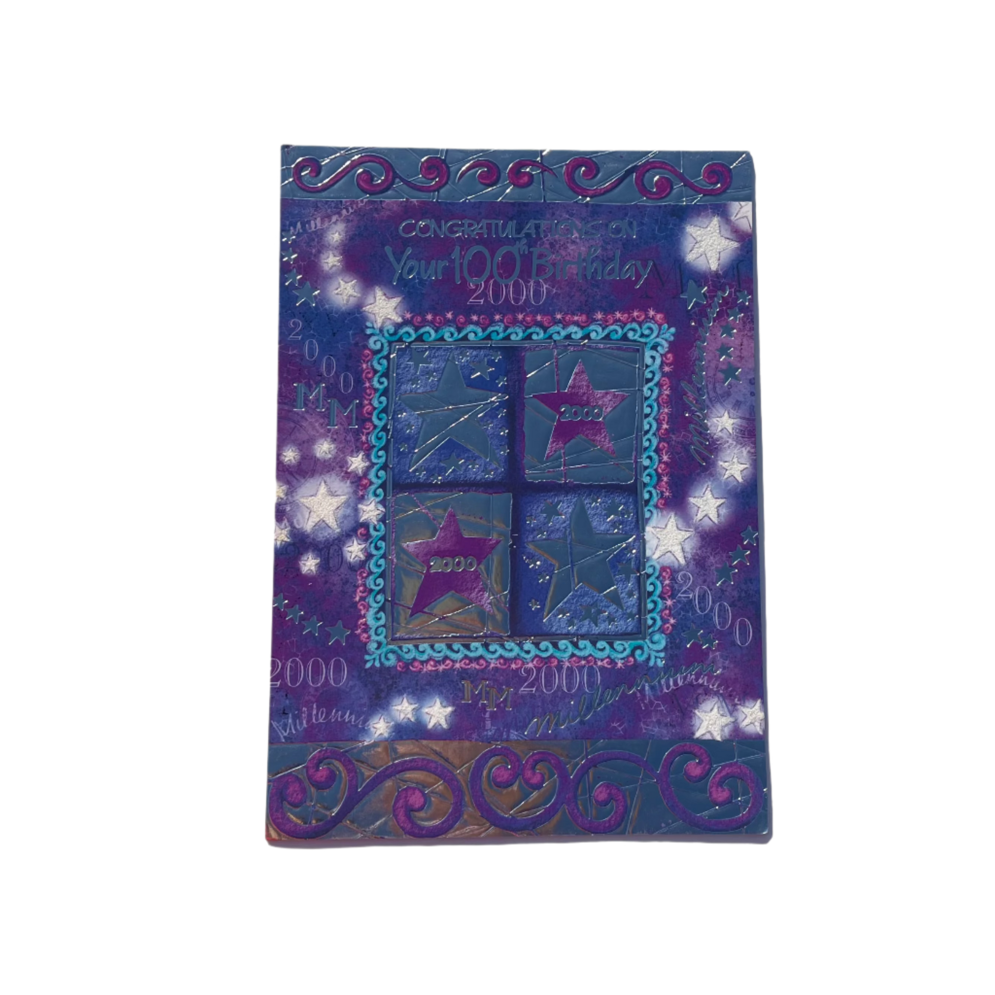 Purple and silver 'CONGRATULATIONS on Your 100th Birthday' card.