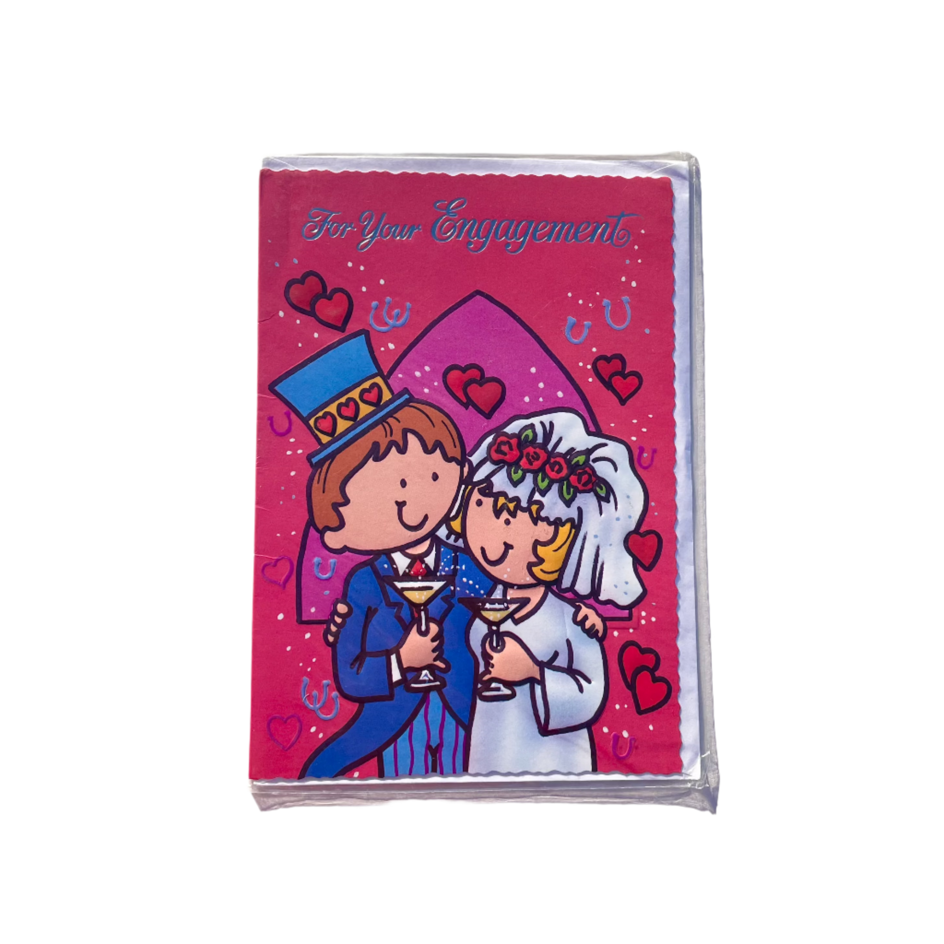 A cartoonish greeting card depicting a couple in wedding attire with the text 'For Your Engagement' on the front.