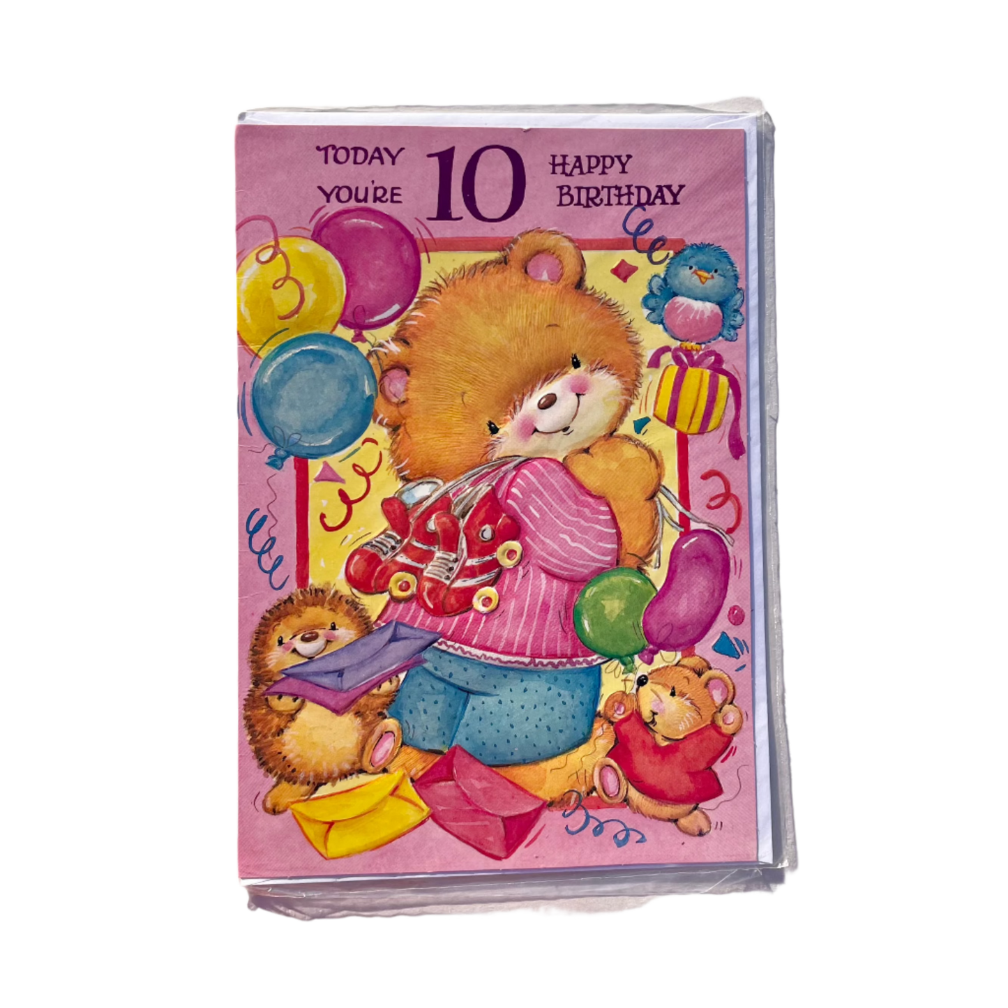 A colorful birthday card featuring a cartoon bear and other small animals with balloons and the text 'Today You're 10 Happy Birthday'.