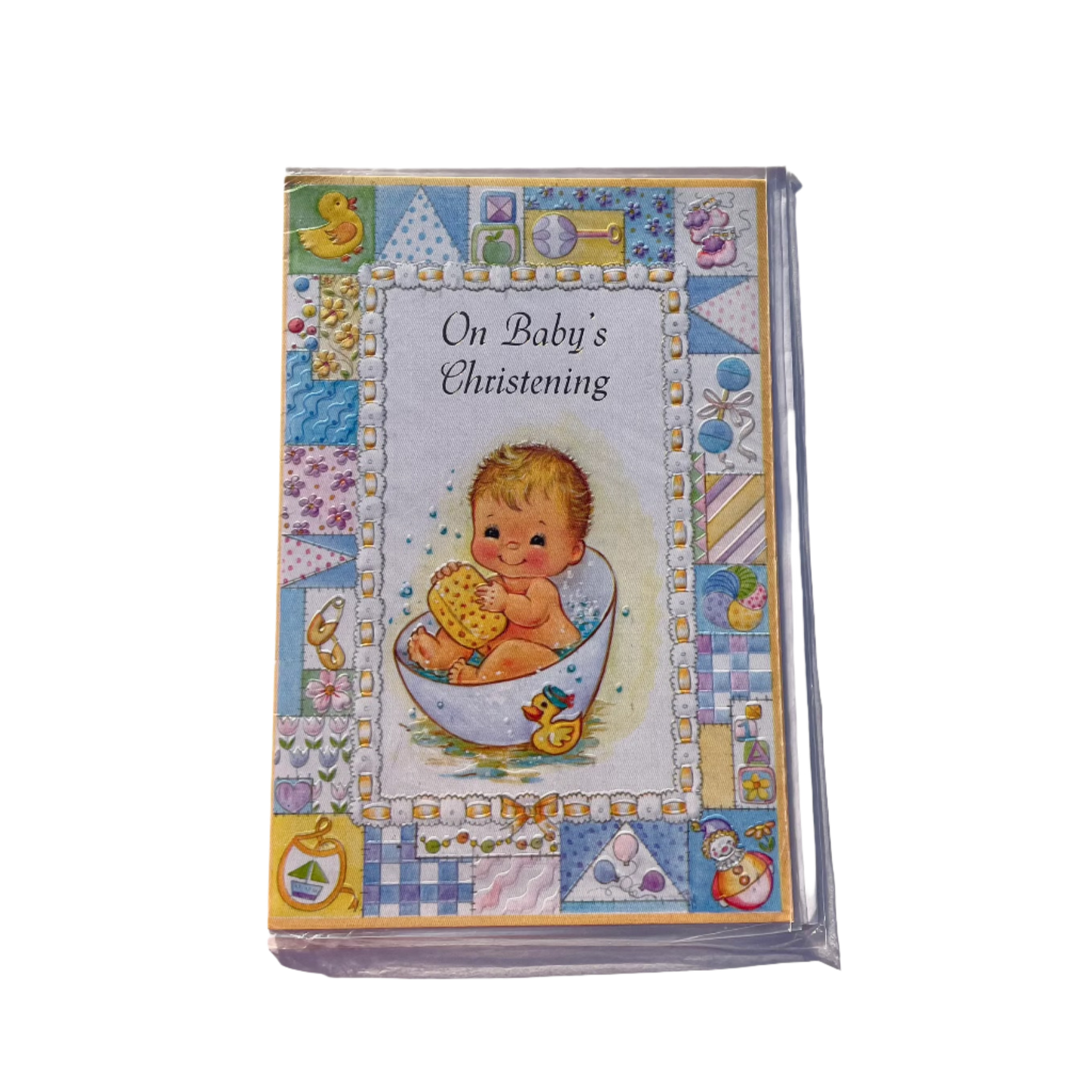 A greeting card with a vintage design, featuring an illustration of a baby in a bathtub , surrounded by various decorative elements with text that reads  'On Baby's Christening'. 