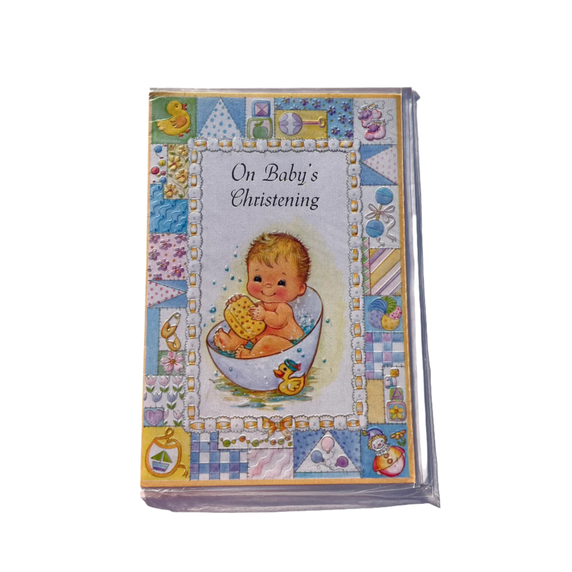 A greeting card with a vintage design, featuring an illustration of a baby in a bathtub , surrounded by various decorative elements with text that reads  'On Baby's Christening'. 