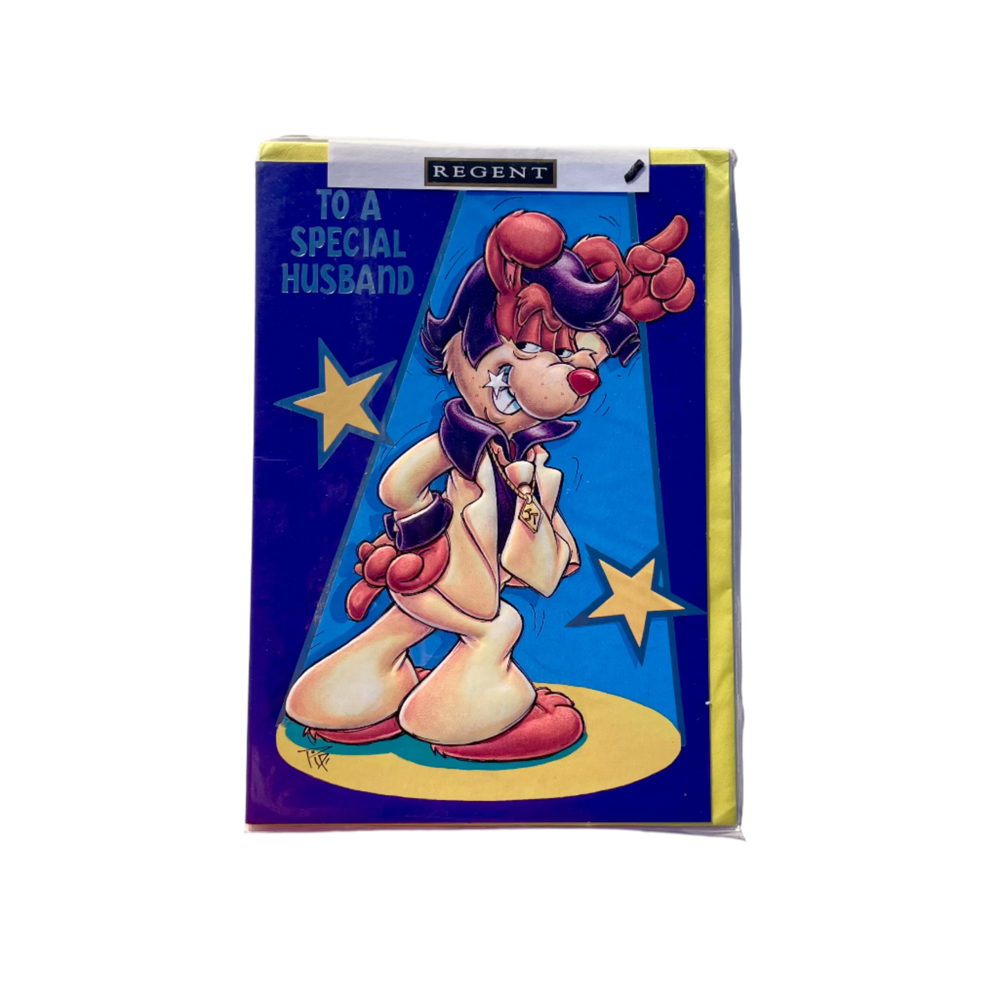 This image features a vibrant and playful greeting card titled 'To a Special Husband'. With a colourful cartoon illustration of a dog posed and looking like Elvis in a spotlight. 