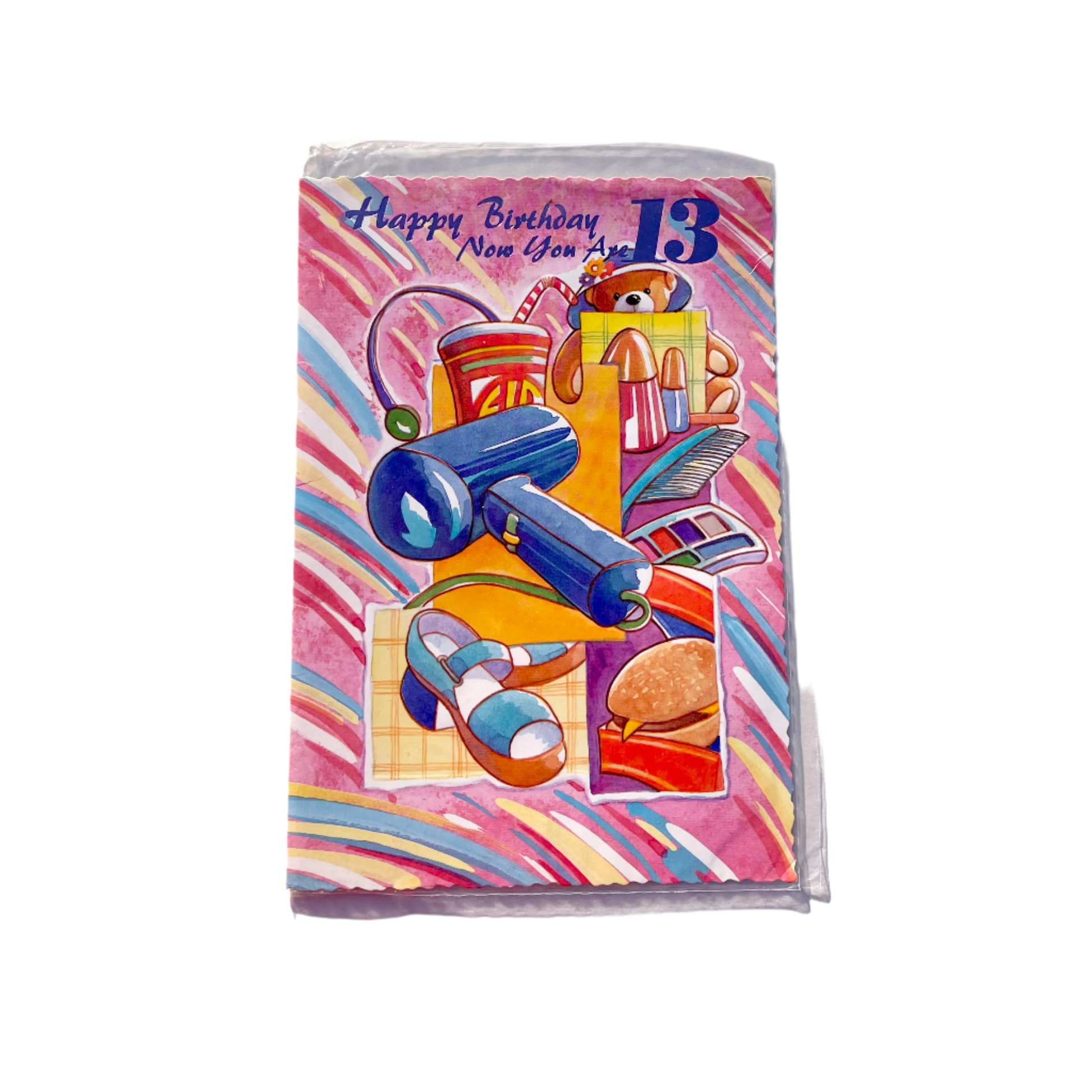 Colorful birthday card with 'Happy Birthday Now You Are 13'  and graphics such as sandals, hairdryer and teddy bear etc on a multi-colourful background. 